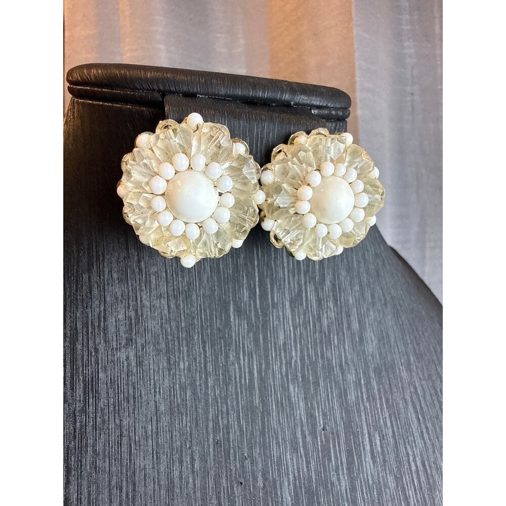 Vintage Marvella Crystal and White Beaded Clipon Earrings